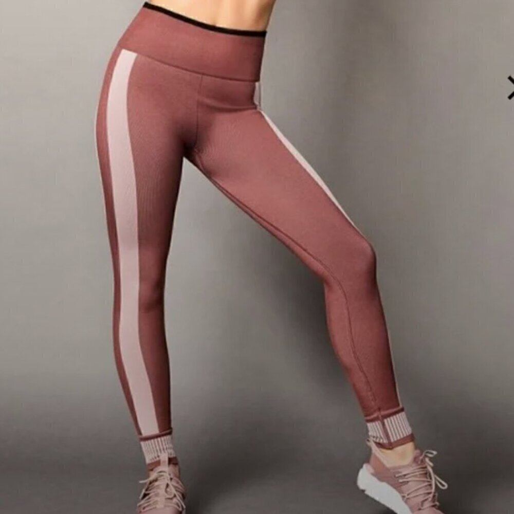 Fabletics High Waisted Seamless Ribbed Colorblock Leggings Soft Rose